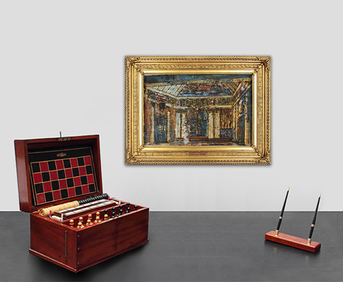 Коровин Константин Алексеевич. Интерьер, декорированный фризом по верху стен и рогами лося над дверью. 